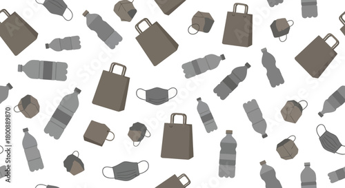 Seamless Pattern of Everyday Objects Shopping Bags, Water Bottles, and Face Masks