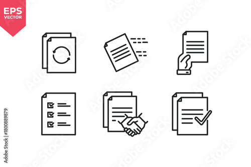 Set of line icons related to document revision, document transfer, document handover,  checklist, contract, verified document. Editable stroke. Vector illustration