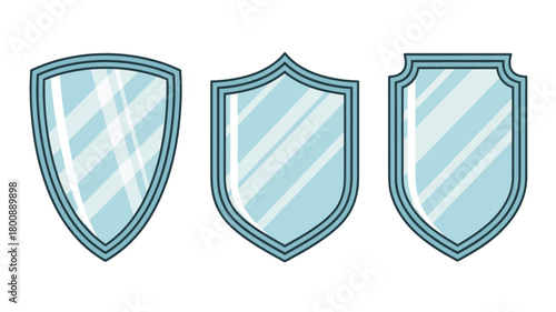 Three stylized glass shields with blue borders on a white background