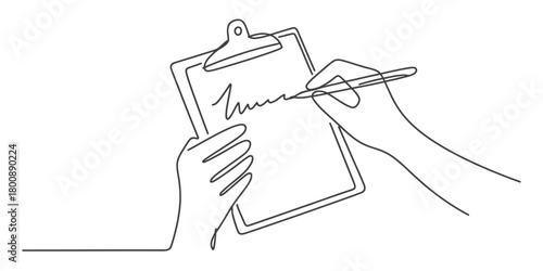 Continuous line drawing: hand holding a clipboard, another hand writing notes with a pen, minimalist design, single stroke art, simple doodle.