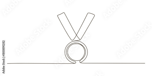 Continuous line drawing of a golden medal with ribbon, symbolizing achievement, success, victory, and honor in sports, academics, or business competitions, on a clean, isolated background.