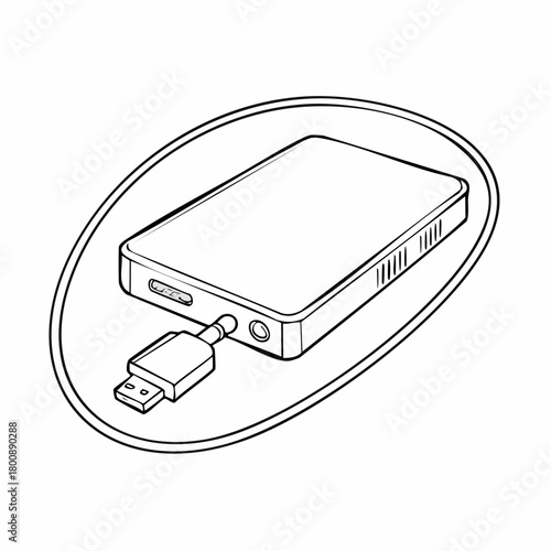 External Hard Drive with USB Cable in Oval Frame.