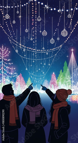 A family of three in winter clothing admiring a spectacular display of Christmas lights.