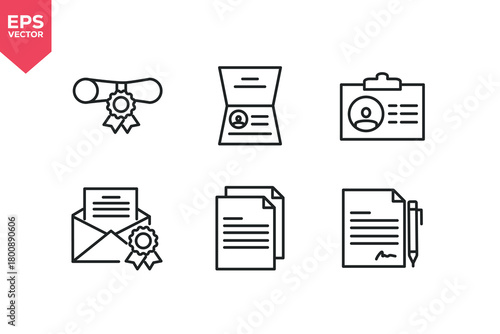 Set of line icons related to graduation, passport, identity card, official mail, files, sign document. Editable stroke. Vector illustration