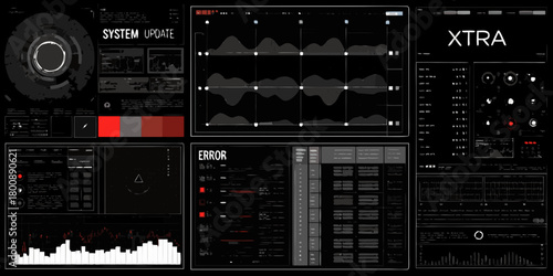 Futuristic digital interface displaying system updates data charts error messages and complex controls