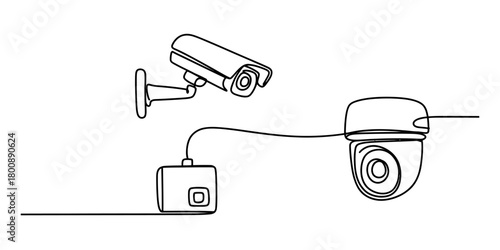 One continuous line drawing of a complete surveillance system, including a wall-mounted bullet camera, a dome camera, and a central dvr.