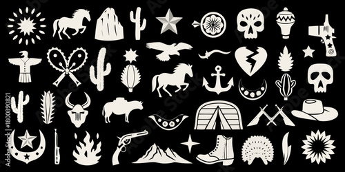 Collection of western and native american inspired icons and symbols on a black background