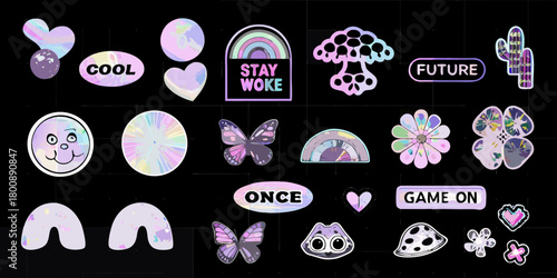 Collection of holographic iridescent stickers featuring cute characters text and abstract shapes on a black background