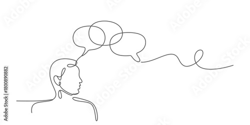 Continuous line drawing of a human head with multiple speech bubbles symbolizing communication, thought process, dialogue, and idea generation.