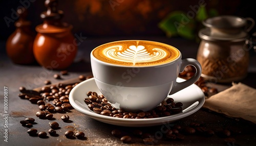 A close-up shot of a white cup holding a latte with artful foam. Coffee beans surround