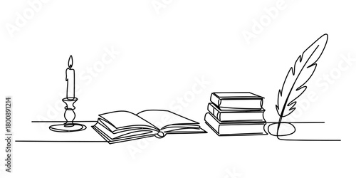Continuous line art illustration of classic study items: a burning candle, open book, stack of books, and feather quill pen