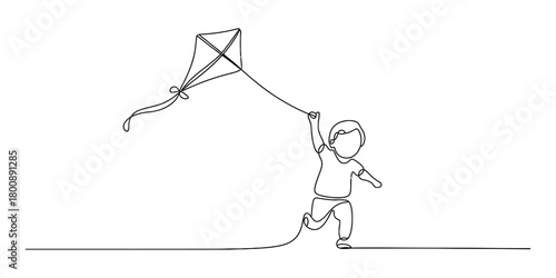 Continuous line art drawing of a cheerful child running and happily flying a kite, symbolizing freedom, innocence, and outdoor play