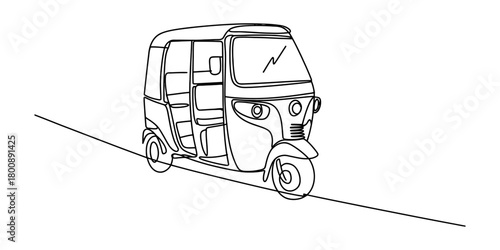 Line art drawing of an auto rickshaw, a popular three-wheeled vehicle often used as a taxi for public transport in asian cities