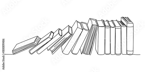 A continuous line drawing depicting a row of books experiencing a domino effect, symbolizing education, knowledge, and literacy progression.