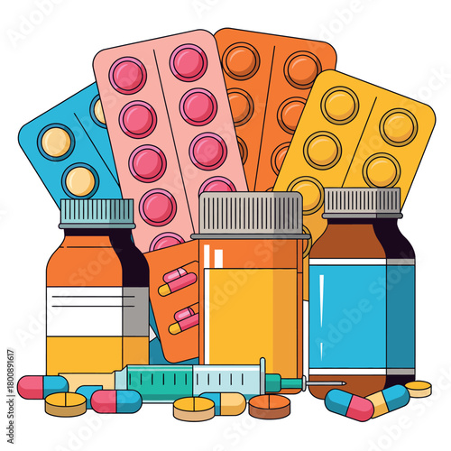 Collection of colorful prescription pills and medicine bottles