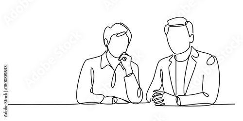 Continuous line art drawing of two professional male business colleagues sitting at a table, engaged in a discussion or collaboration, minimalist vector style.