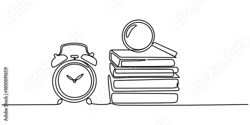 Continuous line illustration of an alarm clock, books, and magnifying glass, symbolizing education, study, research, knowledge, and focused time management.