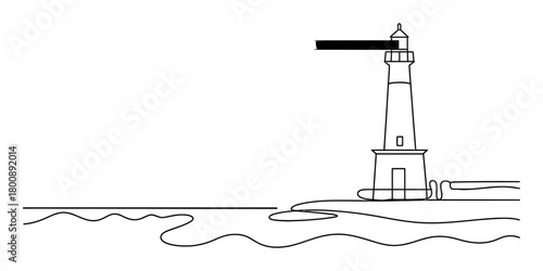 Minimalist line art illustration of a tall coastal lighthouse standing proudly by the calm ocean, symbolizing guidance and safety
