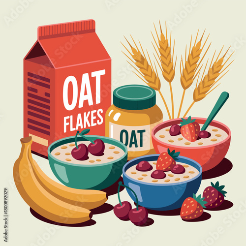 Healthy breakfast bowl with oat flakes bananas and berries