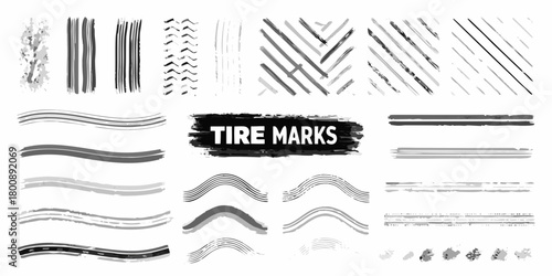 Collection of various grunge tire marks and brush strokes in grayscale for design elements
