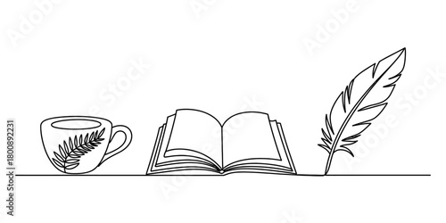 One continuous line art drawing of a coffee cup with leaf design, an open book, and a feather quill pen, symbolizing knowledge and inspiration.