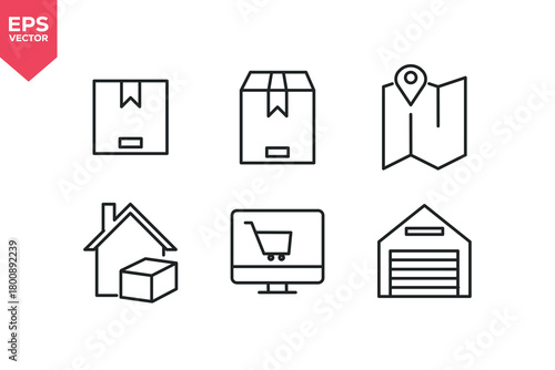 Set of line icons related to box, shipping box, location map, home delivery, online shopping, warehouse.  Editable stroke. Vector illustration