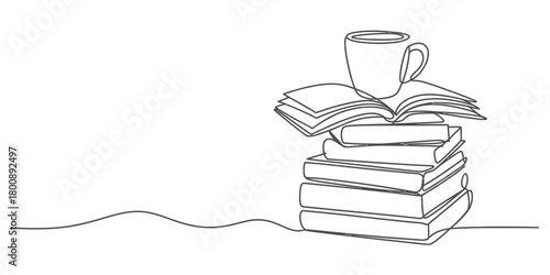 Continuous line art drawing of a stack of books with an open textbook and a warm coffee mug, symbolizing education, knowledge, and study