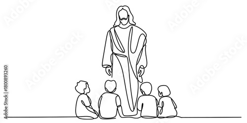 Continuous line art of jesus christ standing, affectionately teaching and guiding a devoted group of four young children, in a minimalist style.