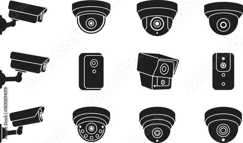 Security camera icons collection showing different surveillance devices, CCTV systems, dome cameras, and monitoring equipment for home and business safety illustration