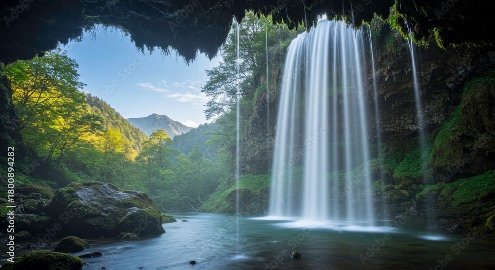 Fototapeta premium Spectacular waterfall cascading from a cave entrance into a lush, green landscape, providing a