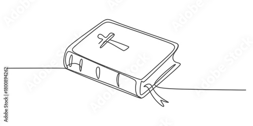 Continuous line art drawing of bible, religious holy book with cross on cover and bookmark, faith spirituality study concept illustration
