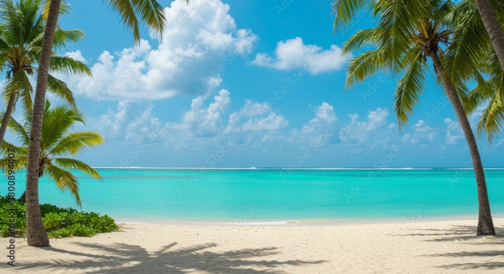 Fototapeta premium Tropical Paradise: Pristine Beach with Palm Trees and Azure Water under a Cloudy Sky