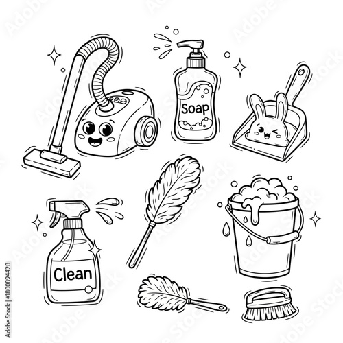 Cute Cleaning Tools Doodle Set . Kawaii Household Cleaning Vector Illustration
