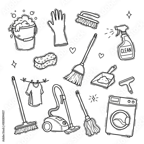 Doodle Cleaning and Laundry Tools Set. Hand Drawn Household Hygiene Illustration