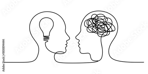 Continuous line drawing of two human head profiles, one with a clear lightbulb idea, the other with tangled thoughts, symbolizing problem-solving, insight, and confusion contrast