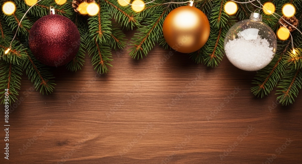 Fototapeta premium Christmas Fir Branches with Ornaments and Lights on Wooden Background