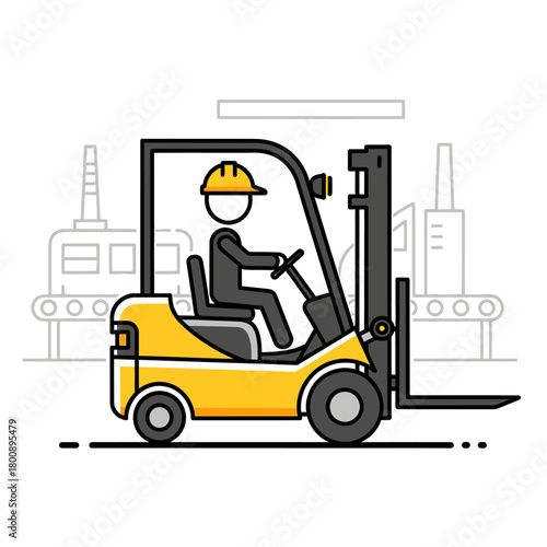 Illustration of a Forklift Truck and Operator in a Factory Setting.