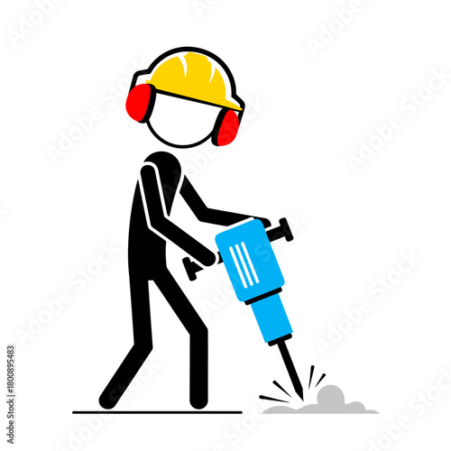 Stick Figure Construction Worker Using Jackhammer with Safety Gear.