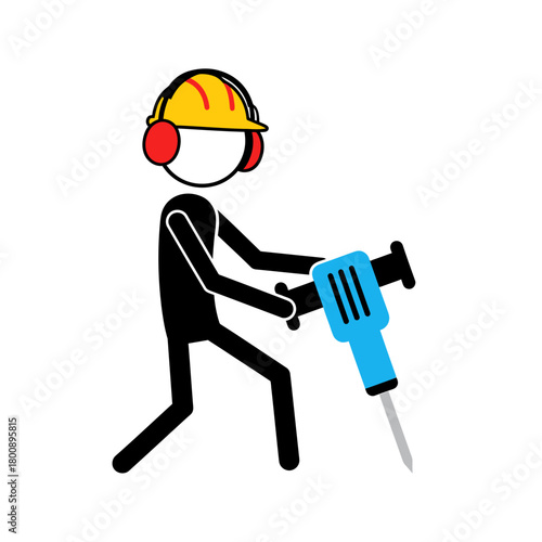 Stick Figure Construction Worker Using Jackhammer with Safety Gear.