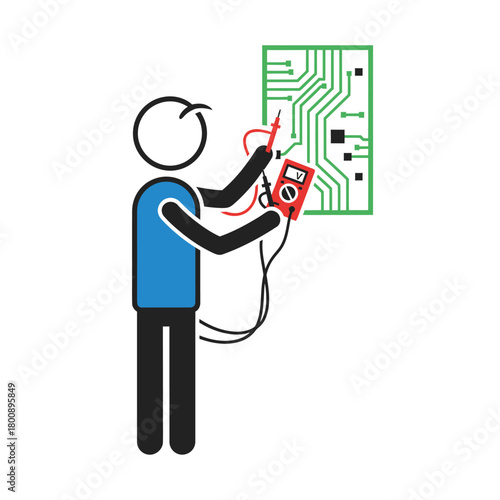 Stick Figure Technician Troubleshooting Electronic Circuit with Multimeter.