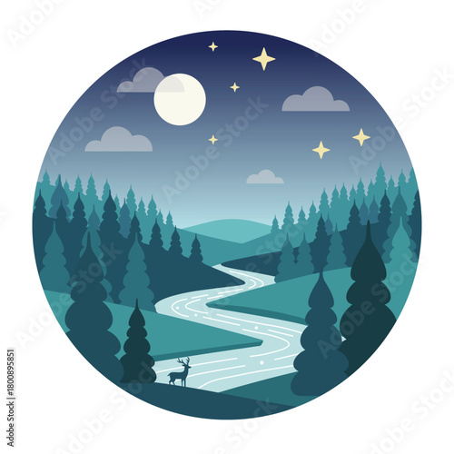 Moonlit River Through Pine Forest