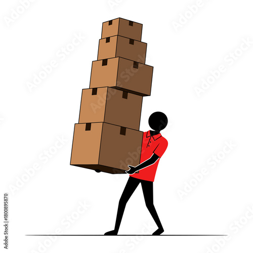 Man Carrying Stack of Cardboard Boxes Illustration.