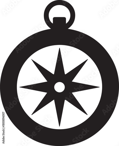 Dark vector icon of a vintage pocket compass with an eight point compass rose for navigation and travel