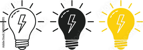 Bulbs Lamp Icons Black Filled, Outline, Yellow Lightning, Isolated on White