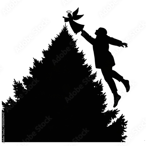 Silhouette of a person levitating to place an angel on a Christmas tree.