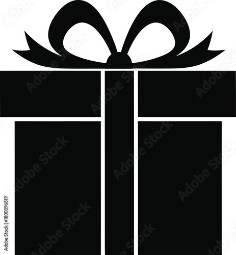 A black silhouette of a gift box with a bow isolated on white background, perfect for holiday greetings, birthday wishes, or special occasion announcements