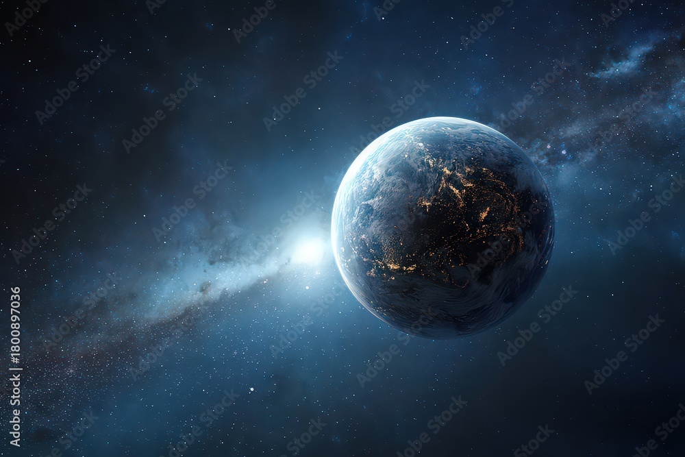 Obraz premium Pixelated Planet Illuminated Against Nebula With Glowing Stars in Space