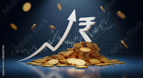 Indian Rupee Appreciation Financial Growth Depiction with Currency Symbol and Stack of Coins Representing Economic Prosperity and Investment Opportunities in India