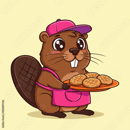 Adorable beaver chef in pink cap and apron holds a plate of freshly baked cookies on a yellow background.