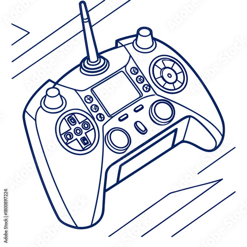 Illustration of a drone remote control with various buttons and joysticks, providing a clear and detailed view of its design and functionality isolated on